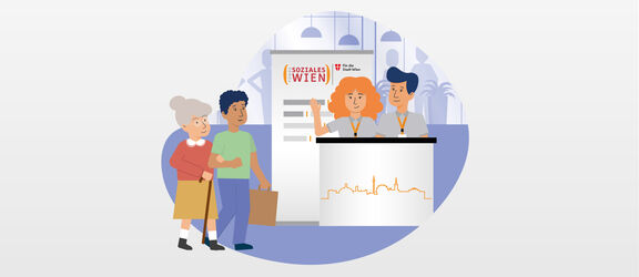 Zwei Personen gehen auf den FSW-Infostand zu, an dem zwei Berater:innen freundlich lächeln. | Illustration: FSW Zwei Personen gehen auf den FSW-Infostand zu, an dem zwei Berater:innen freundlich lächeln.