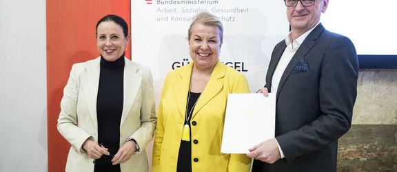 Personalchef Christian Hennefeind und Agnes Hanel, Leiterin Personalentwicklung & ArbeitnehmerInnenschutz, nahmen die Urkunde von Sozialministerin Beate Hartinger-Klein entgegen. | BMASGK Personalchef Christian Hennefeind und Agnes Hanel, Leiterin Personalentwicklung & ArbeitnehmerInnenschutz, nahmen die Urkunde von Sozialministerin Beate Hartinger-Klein entgegen.