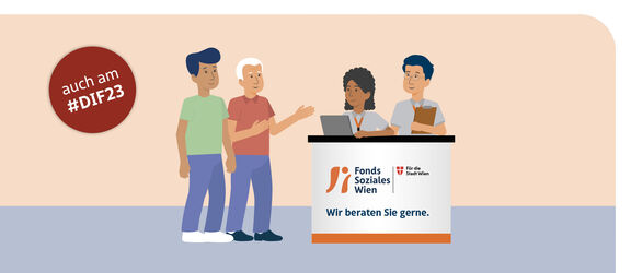 Zwei Mitarbeiter:innen und Interessent:innen am FSW-Beratungsstand. Dazu der Schriftzug: "auch am #DIF23" (Donauinselfest 2023) | FSW Zwei Mitarbeiter:innen und Interessent:innen am FSW-Beratungsstand. Dazu der Schriftzug: "auch am #DIF23" (Donauinselfest 2023)