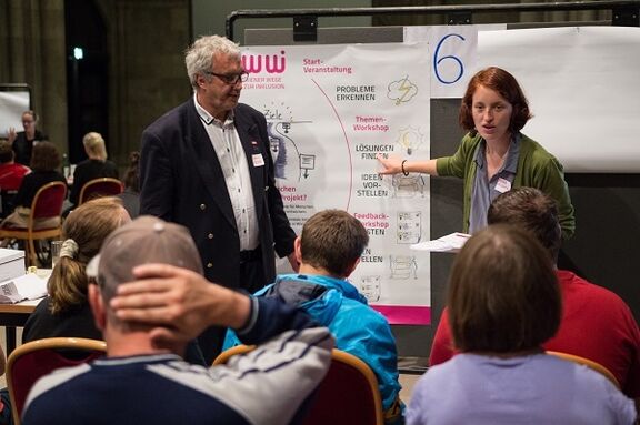 Eine Frau und eine Mann stehen vor Publikum und erklären den Ablauf des Projekts. | www.mediengarten.eu Eine Frau und eine Mann stehen vor Publikum und erklären den Ablauf des Projekts.