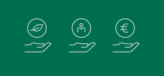 N H icons2 | FSW Drei Hände und über ihnen jeweils das Symbol für ökologische, soziale und ökonomische Nachhaltigkeit.