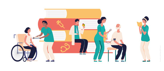 Eine Illustration stellt unterschiedliche Situationen im Pflegebereich dar. Im Hintergrund ein Stapel Bücher. Eine Person liest ein Buch. | gettyimages/BRO Vector Eine Illustration stellt unterschiedliche Situationen im Pflegebereich dar. Im Hintergrund ein Stapel Bücher. Eine Person liest ein Buch.